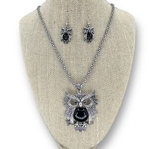Owl Pendant & Earrings Open Designs Owls with Oxydize Dark Metal Necklace 19-21"
